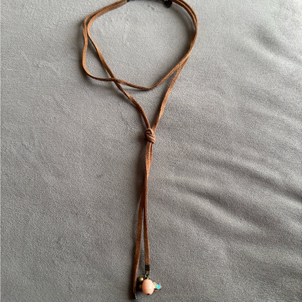Faux Brown Leather Choker/ Lariat Necklace with Beads
